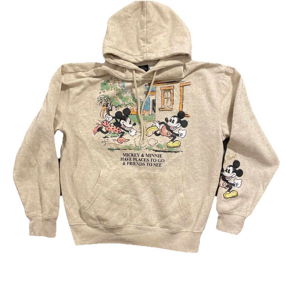 Mickey & Minnie "Places to Go, Friends to See" Sweatshirt Hoodie Beige Sz Small